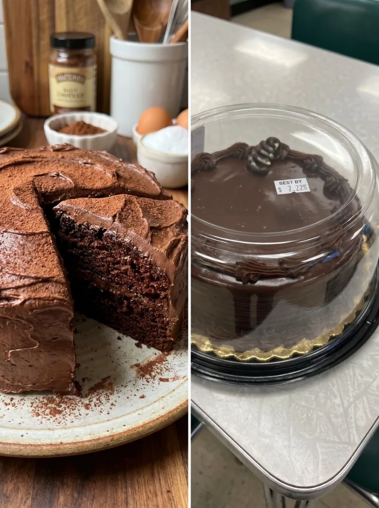 Split image: homemade chocolate cake versus store-bought cake — custom depth versus template convenience