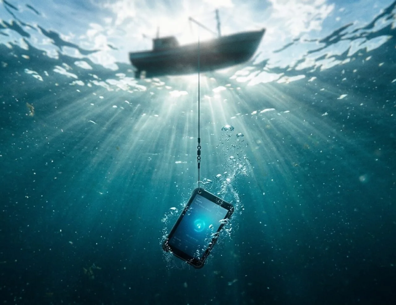 Underwater view of a boat on the surface lowering a tablet into the deep sea