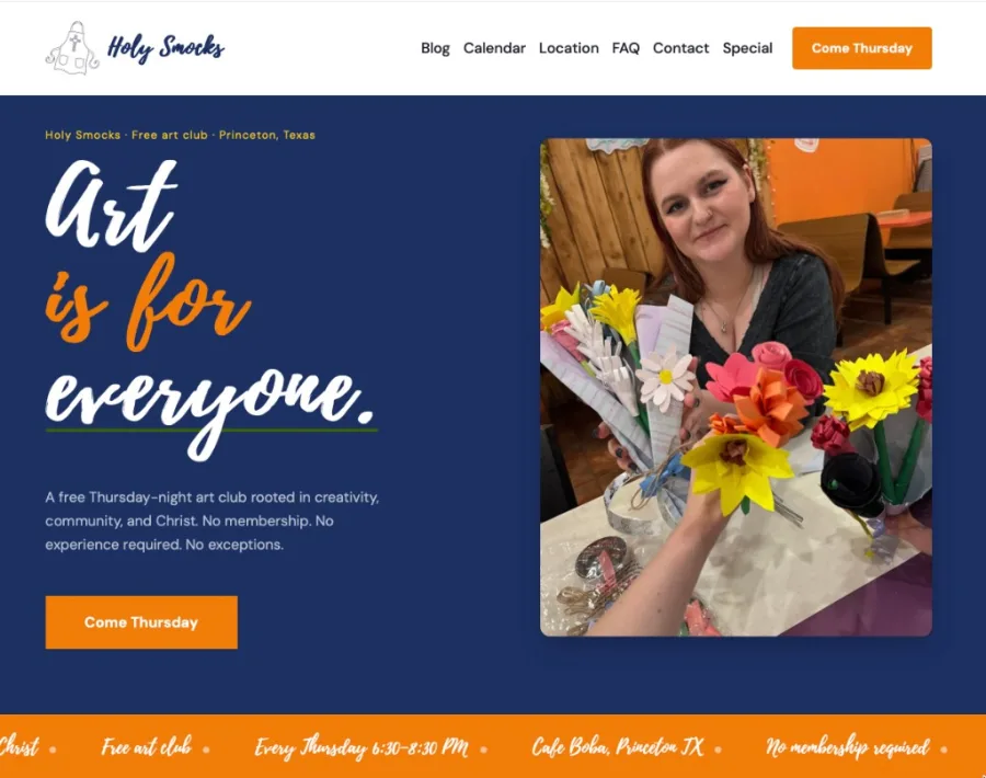 Screenshot of Holy Smocks free art club website homepage
